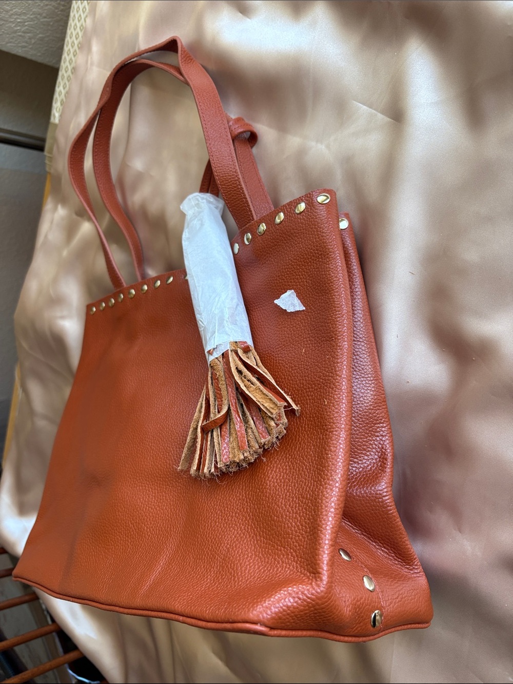 Studded Shoulder Tote Bag in Rust Orange
